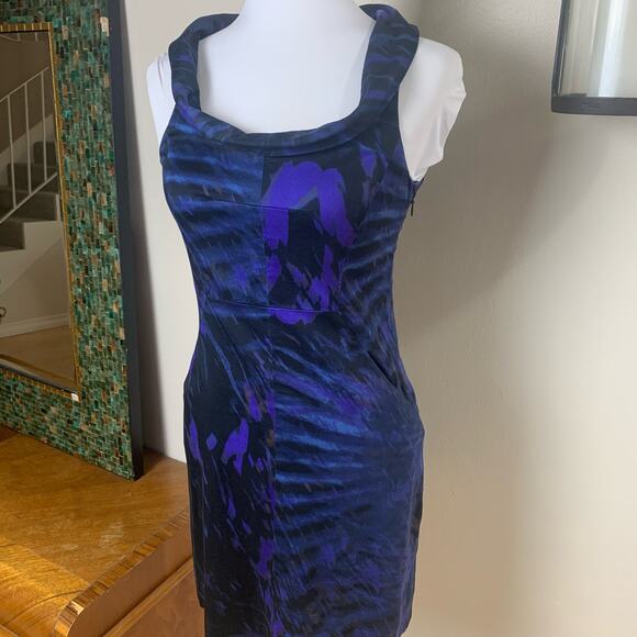 Theory Size 2 Benja Watercolor Sheath Dress Blue Draped Cowl Neck Cocktail - Picture 4 of 10
